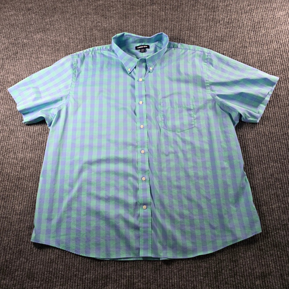 Lands End Mens XXL Green Blue Gingham Short Sleeve Button Down Shirt Traditional